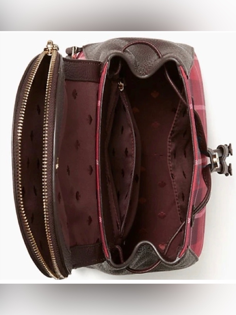 kate spade Leila red and black plaid Backpack with leather trim Near new - Picture 4 of 14